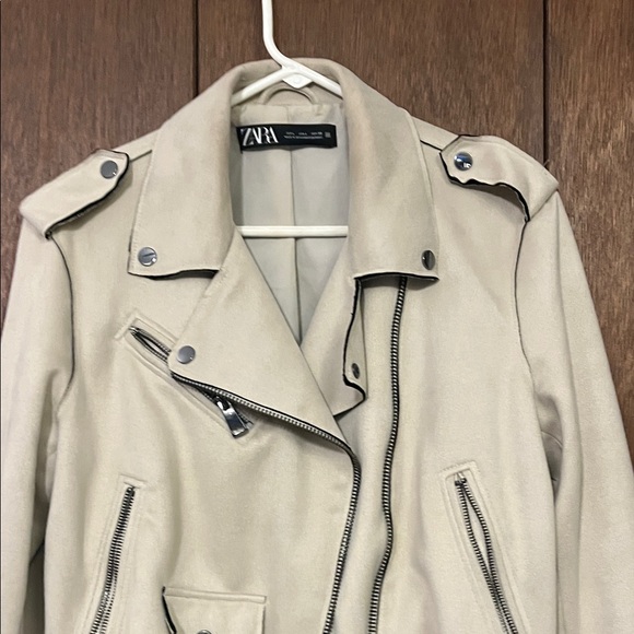 Zara Off-White Faux Suede Biker Jacket Large - Picture 6 of 11